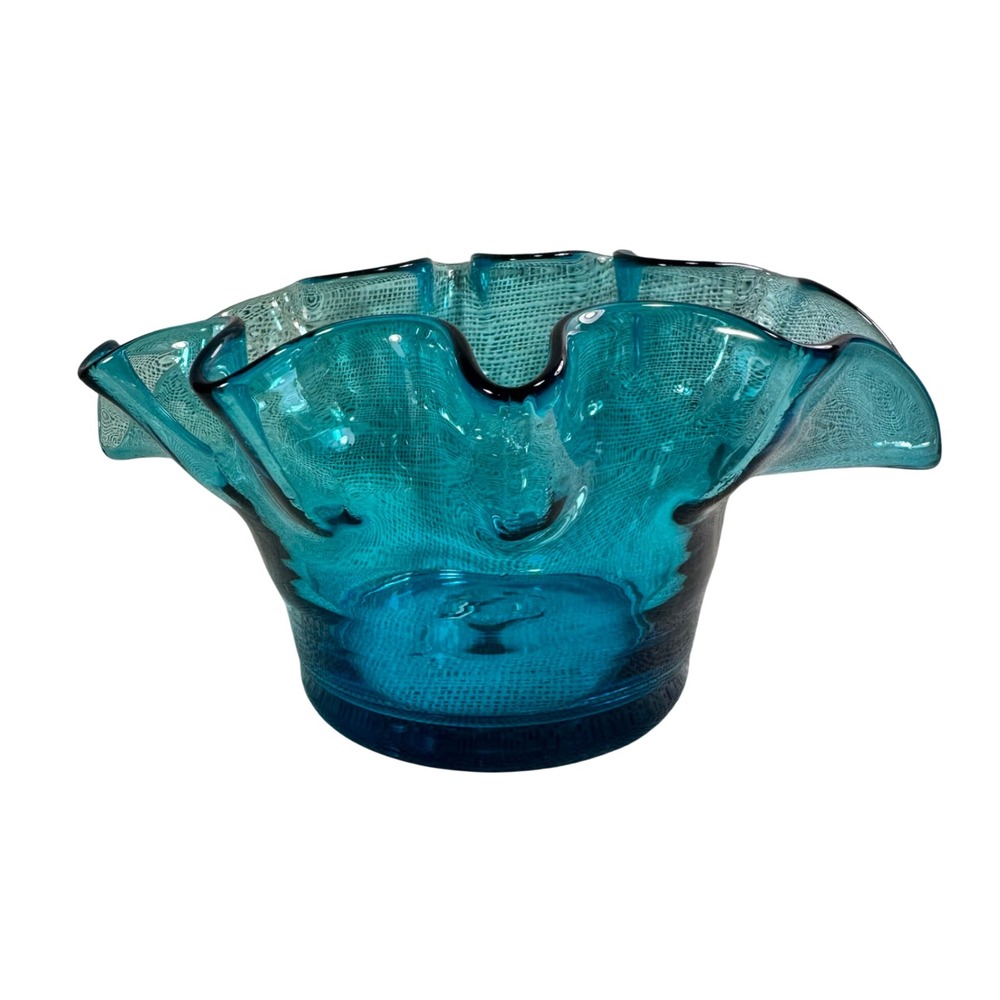 Bischoff Art Glass Ruffled Handkerchief Bowl Turquoise Blue Mid Century Modern